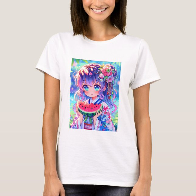 Camiseta Chica de anime come sandía en verano (Anverso)