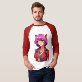 Camiseta Chica de Anime con Cabello Rosa y Orejas de Zorro 