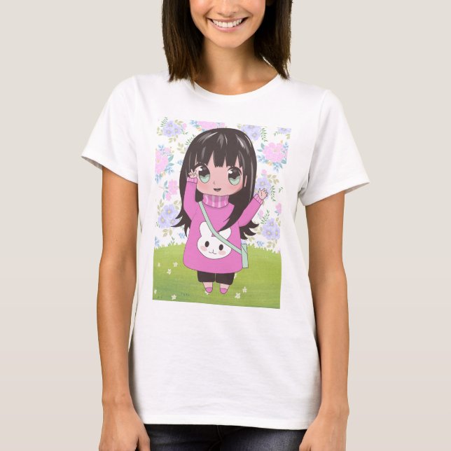 Camiseta chica de anime con flores (Anverso)