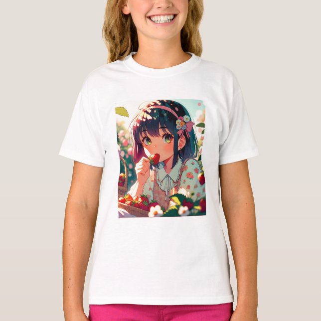 Camiseta Chica de anime cutáneo comiendo fresas | Día de ve (Anverso)
