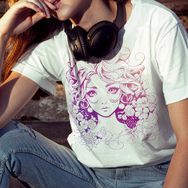 Camiseta Chica De Anime Floral Rosa
