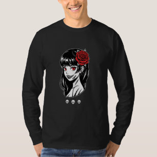 Camiseta Chica de Anime Gótico con Ojos Rojos de Rosa Terro