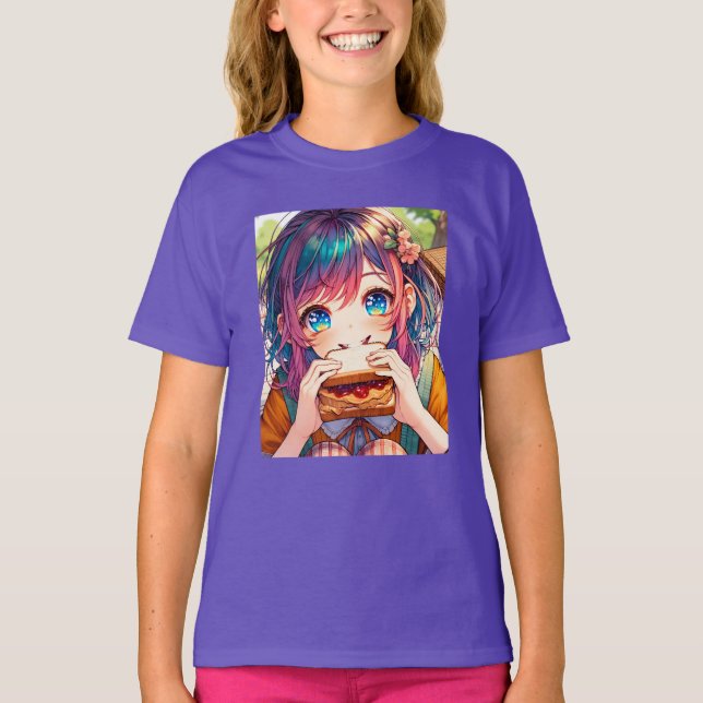 Camiseta Chica de anime lindo comiendo una mantequilla de m (Anverso)