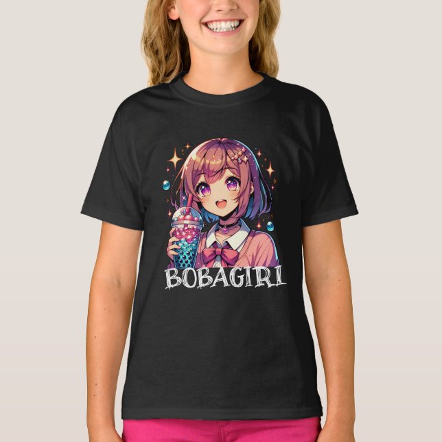 Camiseta Chica de anime lindo sosteniendo té de burbuja (Anverso)