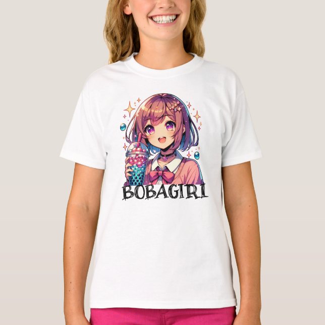 Camiseta Chica de anime lindo sosteniendo té de burbuja (Anverso)
