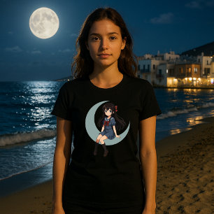 Camiseta Chica de Anime Sentada en una Luna Creciente
