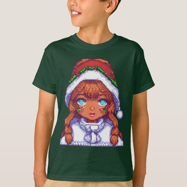 Camiseta Chica de arte de Pixel con sombrero Santa (Anverso)