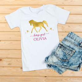 Camiseta Chica de caballos oro y nombre personalizado rosa