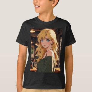 Camiseta Chica de Café Retro Anime Ambiente Cálido y Acoged