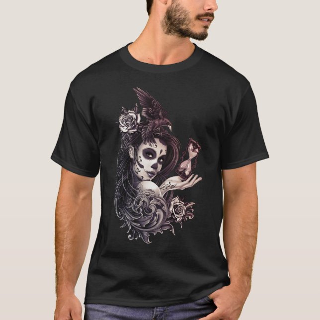 Camiseta Chica de cráneo de azúcar con estilo de tatuaje co (Anverso)