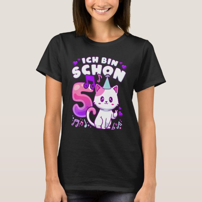 Camiseta Chica de cumpleaños de 5 años, K-pop, gatito, en (Anverso)