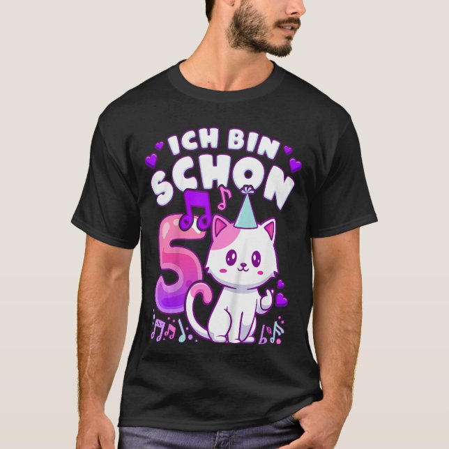 Camiseta Chica de cumpleaños de 5 años, K-pop, gatito, en (Anverso)