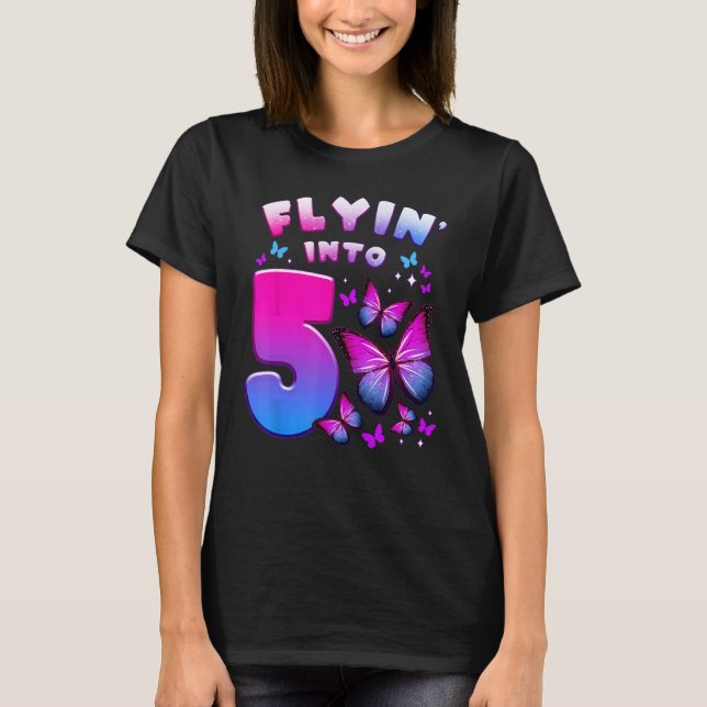 Camiseta Chica de cumpleaños de 5 años, mariposa, número 5 (Anverso)