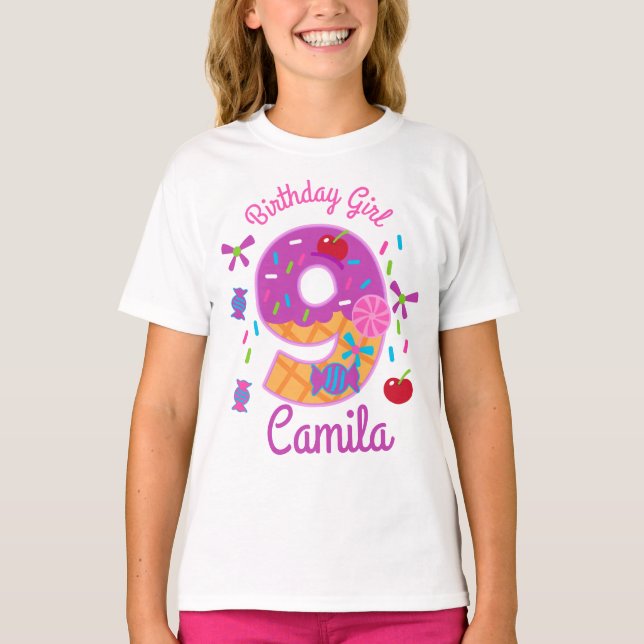 Camiseta Chica de cumpleaños de Candyland Nueve lollipop (Anverso)