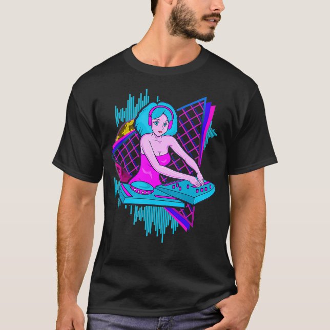 Camiseta Chica de DJ de ondas de vapor Synthwave de los año (Anverso)