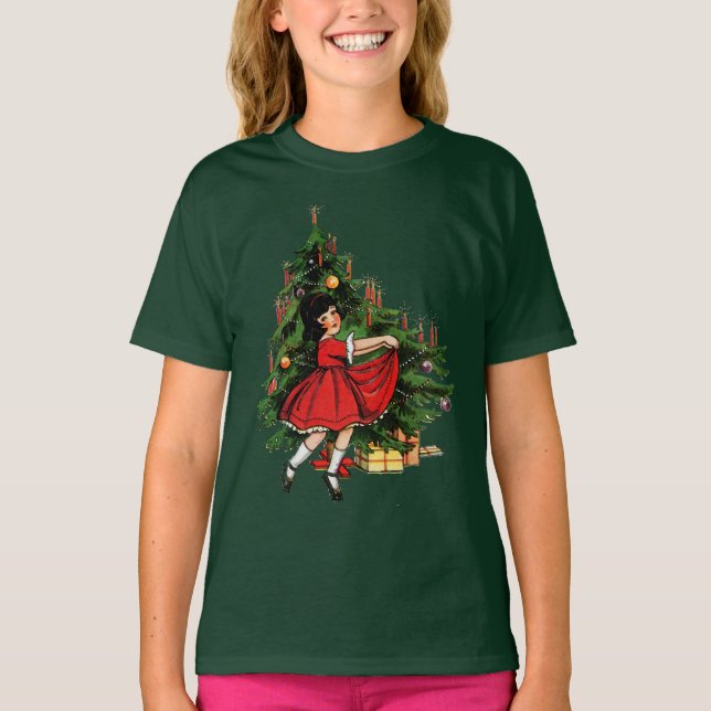 Camiseta Chica de época bailando bajo árbol de Navidad (Anverso)