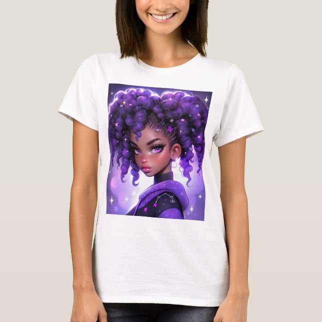 Camiseta Chica de galaxia púrpura con pelo rizado (Anverso)