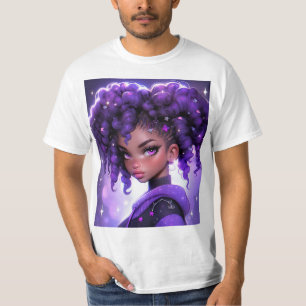 Camiseta Chica de galaxia púrpura con pelo rizado