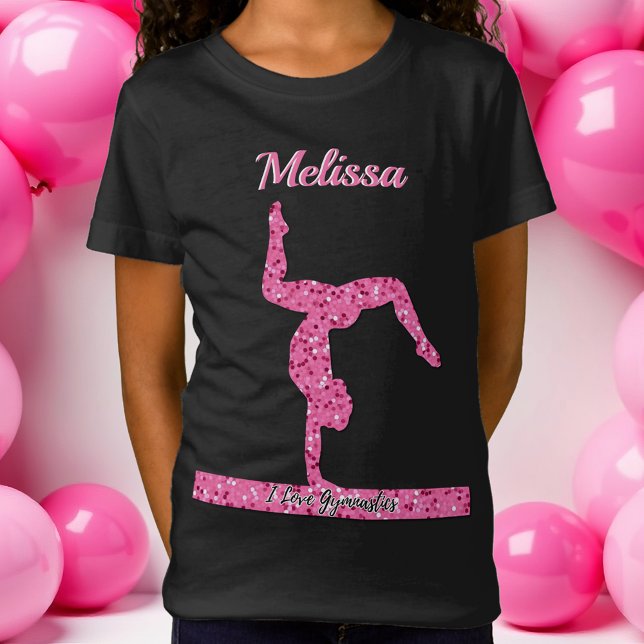 Camiseta Chica de Gimnasia Rosa Viga de equilibrio de deste (Pink Gymnastics Girl Sparkle Balance Beam T-Shirt)