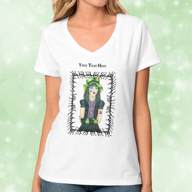 Camiseta Chica de gótico Gorra verde Tattoos Ramas negras c (Pretty Goth girl green hat tattoos framed in black barbed branches on woman's tee shirt.)