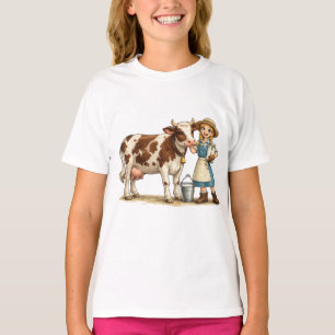 Camiseta Chica de granja con vaca, lindo arte de campo lech