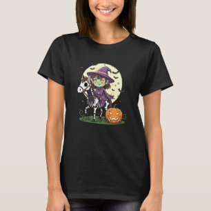 Camiseta Chica de Halloween Bruja Montando Caballo Esquelet