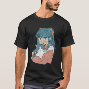 Camiseta Chica De Kawaii Anime Con Gato Gato Gato Gato Gato