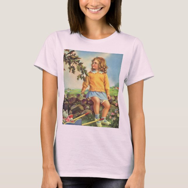 Camiseta Chica de la época mirando a las aves en un árbol,  (Anverso)