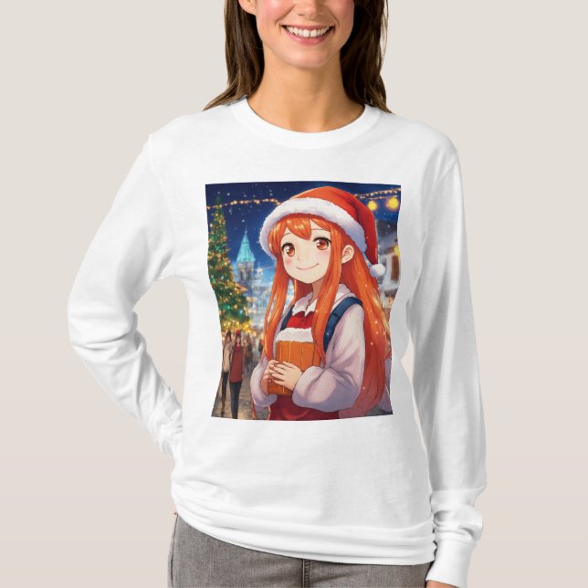 Camiseta Chica de Manga en Navidades Cheying: Rezando en un (Anverso)