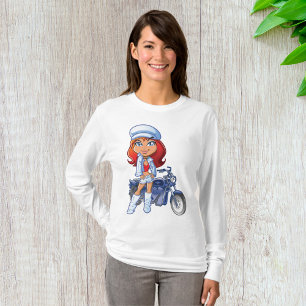 Camiseta Chica de motociclismo elegante con pelo rojo y mot