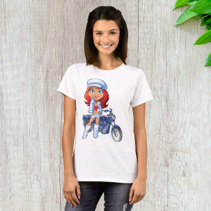 Camiseta Chica de motociclismo elegante con pelo rojo y mot