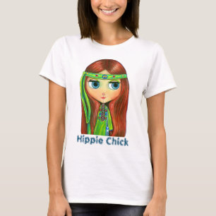 Camiseta Chica de muñeca hippie en signo verde de paz de ba