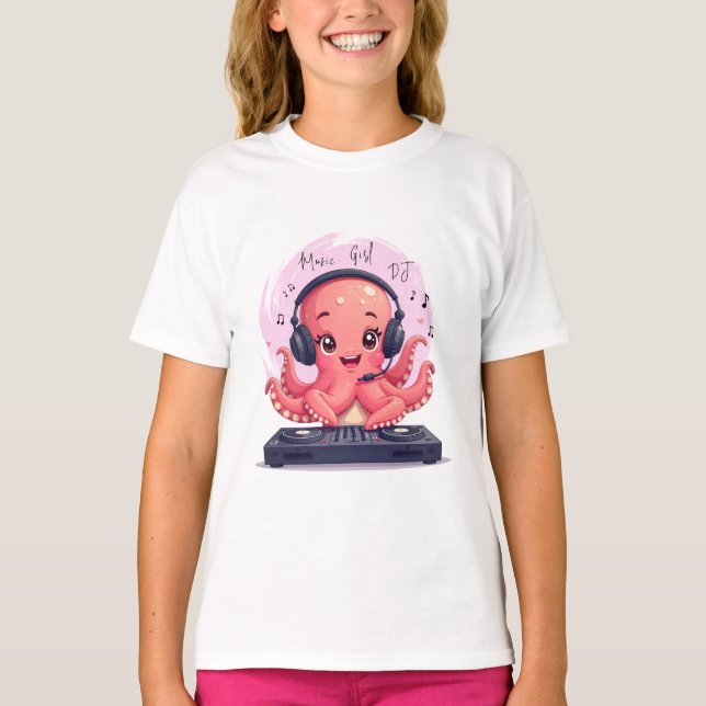 Camiseta Chica de música, DJ de pulpo sonriente feliz (Anverso)
