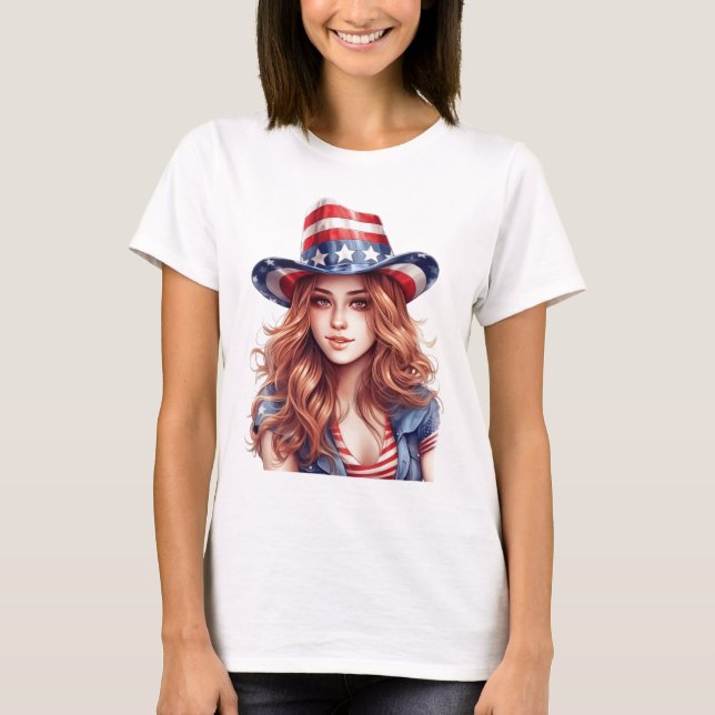 Camiseta CHICA DE PELO ROJO PATRIÓTICO bonito CON GORRA DE  (Anverso)