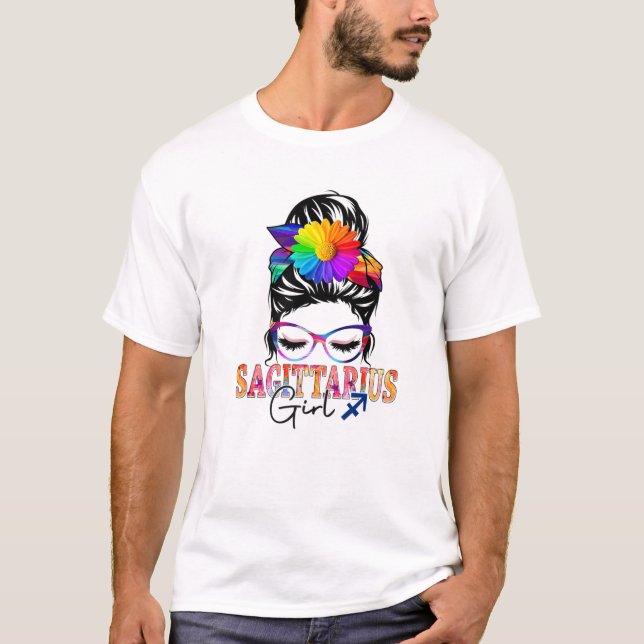 Camiseta Chica de Sagittarius Cumpleaños Messy Bun Hair Col (Anverso)