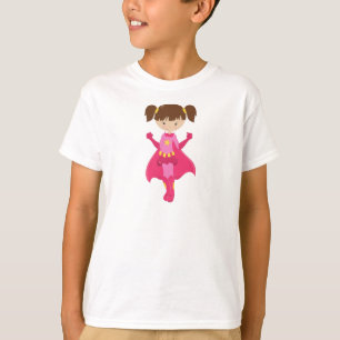 Camiseta Chica de superhéroes, pelo pardo, cabo rosado, Chi