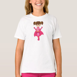 Camiseta Chica de superhéroes, pelo pardo, cabo rosado, Chi