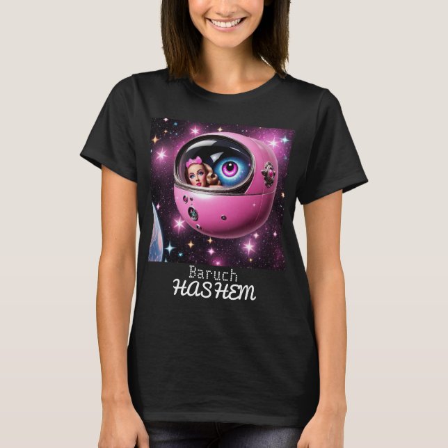 Camiseta Chica del espacio rosa retro en las estrellas (Anverso)