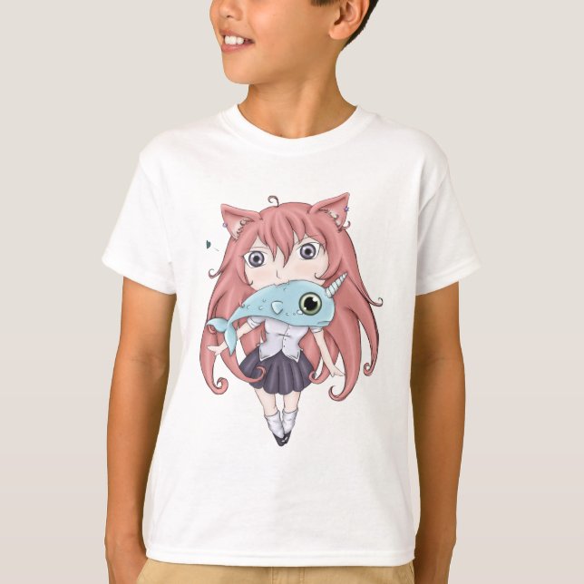 Camiseta Chica del gato de Chibi con el bebé Narwal (Anverso)