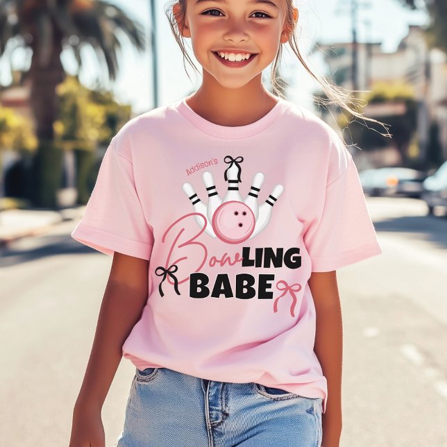 Camiseta Chica DIVERTIDA de BOLOS Lazos ROSADOS de Cumpleañ (Funny BOWling BABE theme birthday guest pink black white bows matching girl birthday guest t-shirt)