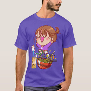 Camiseta Chica divertida Kawaii gato comiendo Ramen y bebid
