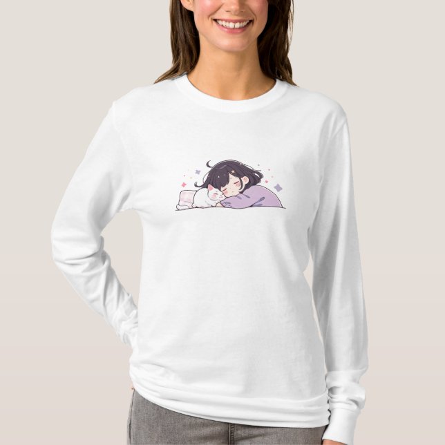Camiseta Chica Durmiente Y Gato (Anverso)