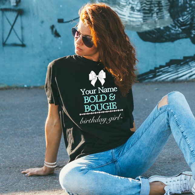 Camiseta Chica elegante de cumpleaños Aqua Tiffany (Elegant Bougie Funny Birthday Shirt for Her Friend Girlfriend Wife Tiffany Theme Pearls Bow)