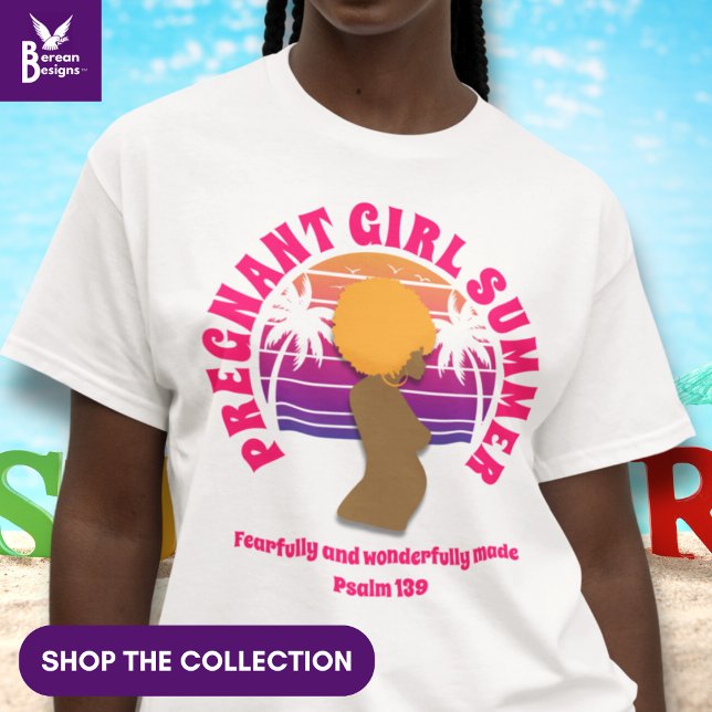 Camiseta CHICA EMBARAZADA SUMER Biblia cristiana Verso (Pregnant Girl Summer with customizable Christian Bible verse and afro queen silhouette and sunset)