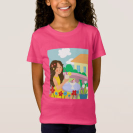 Camiseta chica en el balcón en verano toma una copa