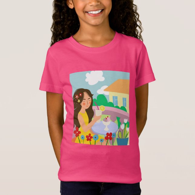 Camiseta chica en el balcón en verano toma una copa (Anverso)