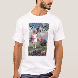 Camiseta Chica en el rosa que sostiene las flores púrpuras
