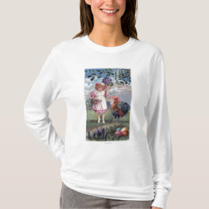 Camiseta Chica en el rosa que sostiene las flores púrpuras