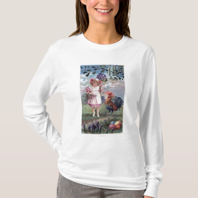 Camiseta Chica en el rosa que sostiene las flores púrpuras (Anverso)