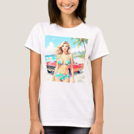 Camiseta Chica en la playa con un coche clásico